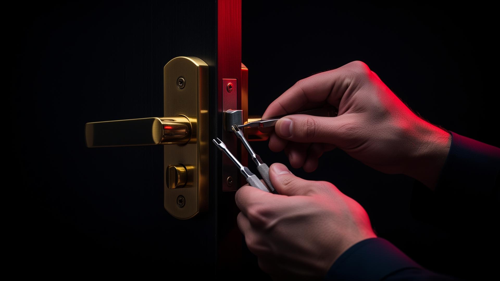 Professional locksmith working on a door lock with precision tools